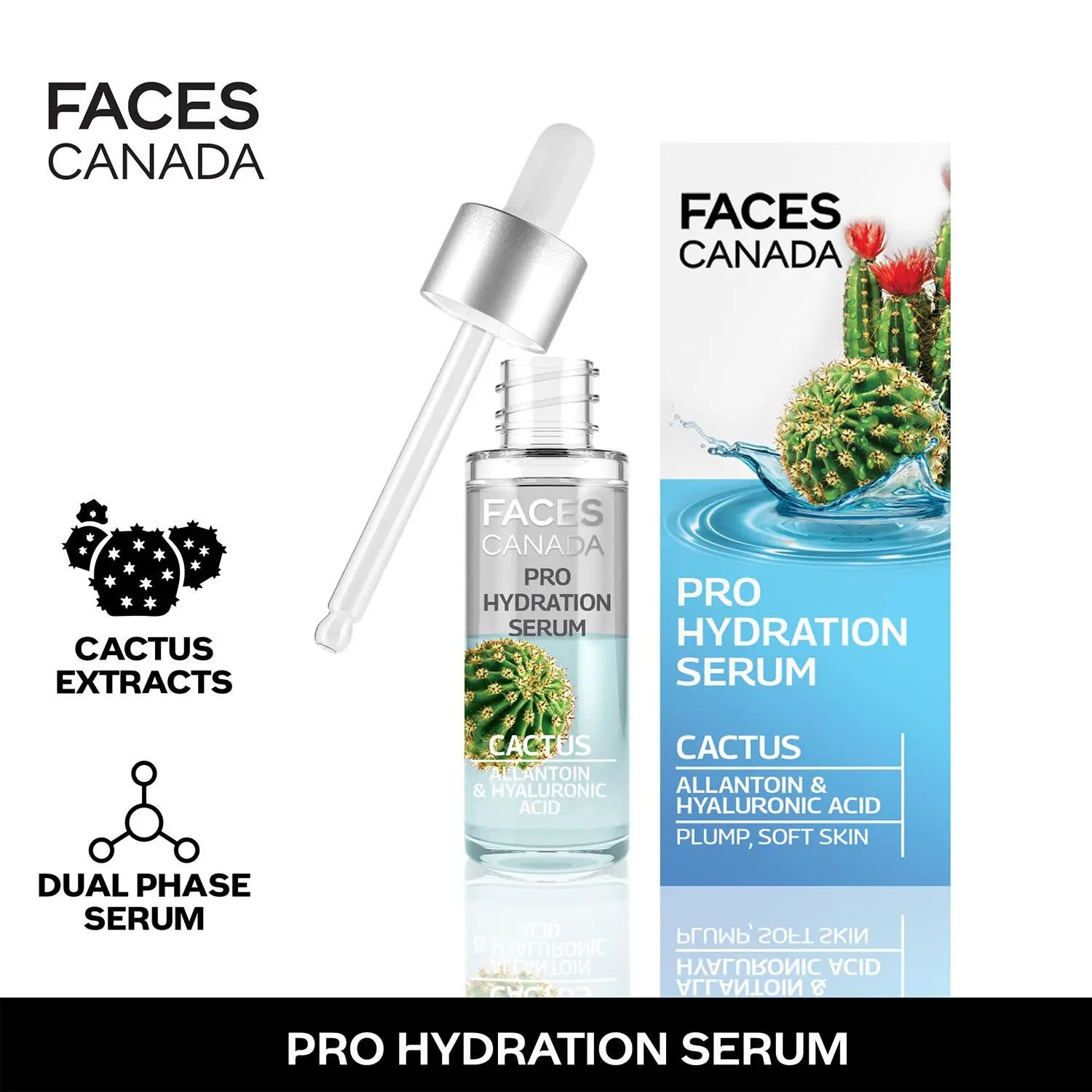 Faces Canada Pro Hydration Serum Cactus I Hydrating Biphasic Serum I Hyaluronic acid I Allantoin I Moisture lock I Soothing I Cruelty-free 27 ml