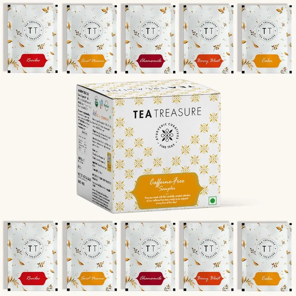 Tea Treasure Caffeine free sampler-10 Tea Bags: Pure Chamomile, Rooibos Tea, Sweet dream Tea, Calm tea, Berry Blast Tea (Each 2 Tea bags)