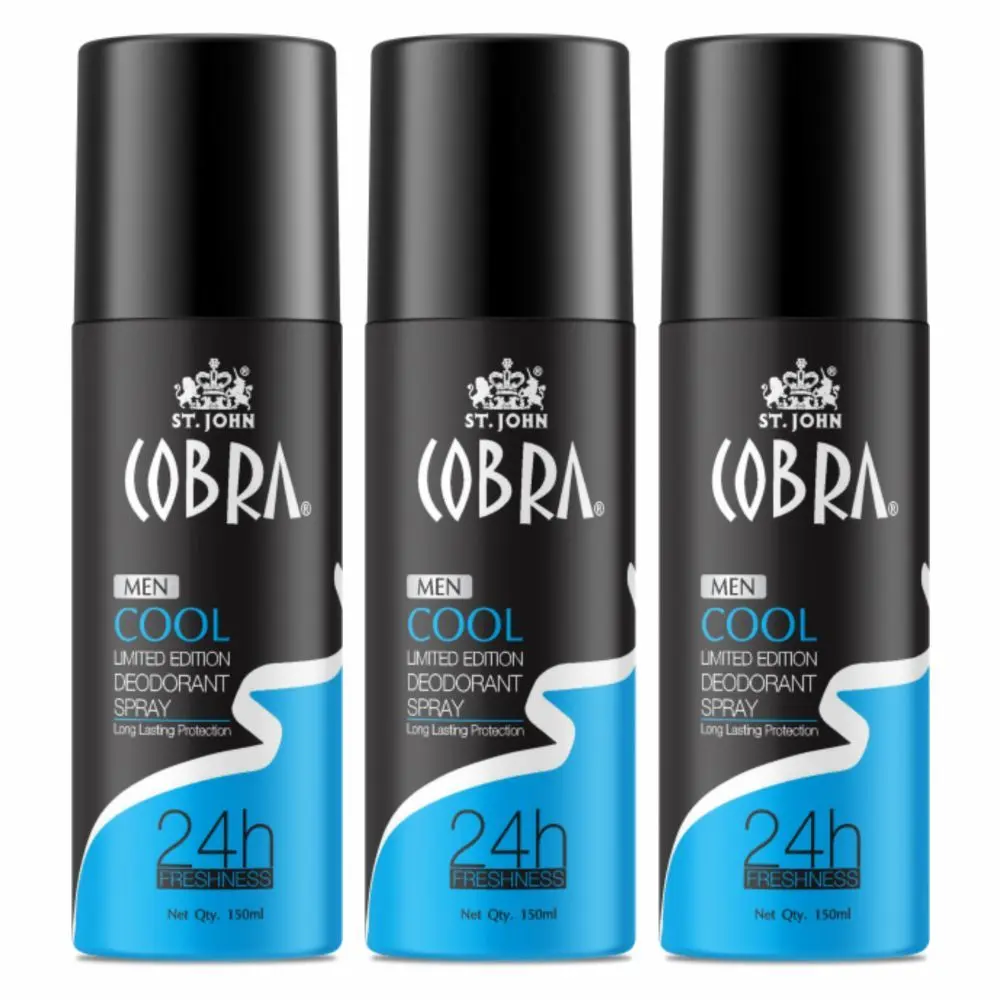 ST-JOHN Cobra Cool Limited Edition Deodorant Spray for Men Long lasting Protection 150ml Each (Pack of 3)