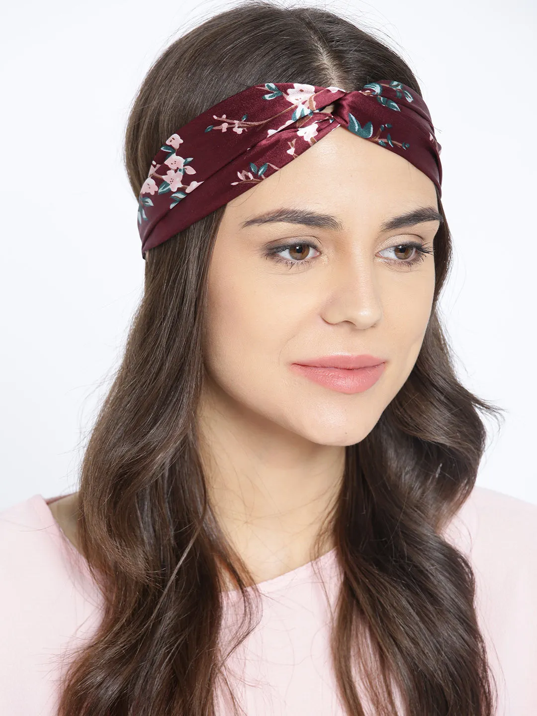 Blueberry Brown Satin Headwrap With Multi Coloured Printed