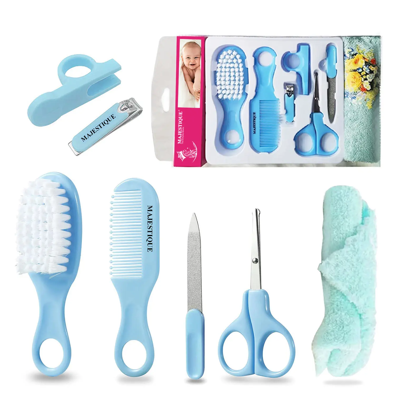 Majestique Baby Grooming Set - Brush, Comb, Clipper, File & Baby Towel 7Pcs - Blue (Color May Vary)