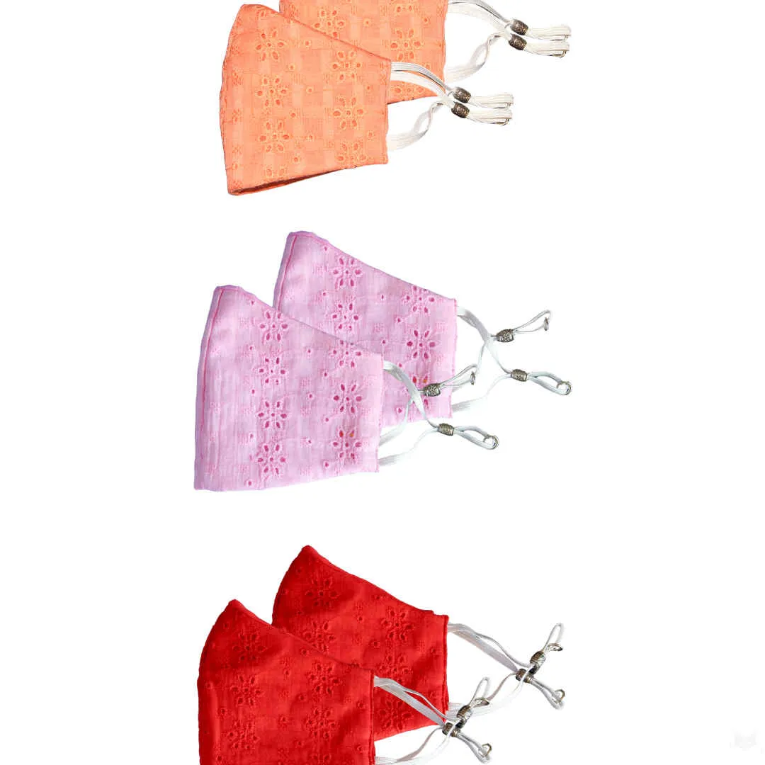 Bellofox Peach Chikan,Light Pink Chikan And Red Chikan Face Mask (Set Of 6)