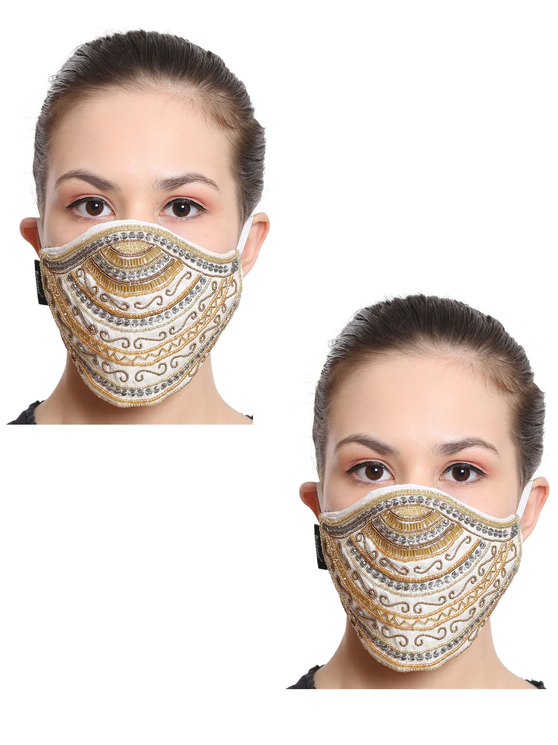 Anekaant White & Gold 3-Ply Reusable Art Silk Embellished Fabric Fashion Mask (Pack Of 2)