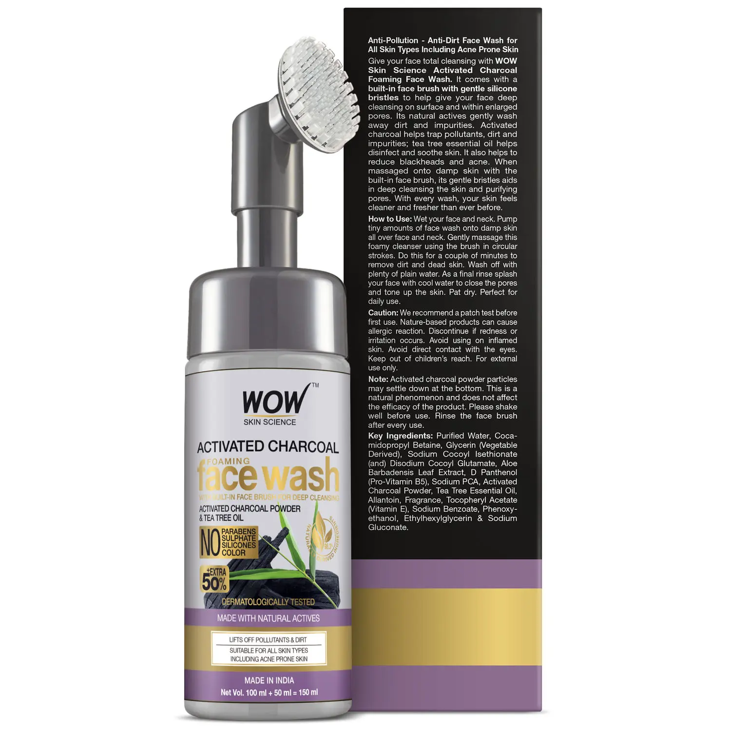 WOW Skin Science Activated Charcoal Foaming Face Wash With Built-In Face Brush (150 ml)