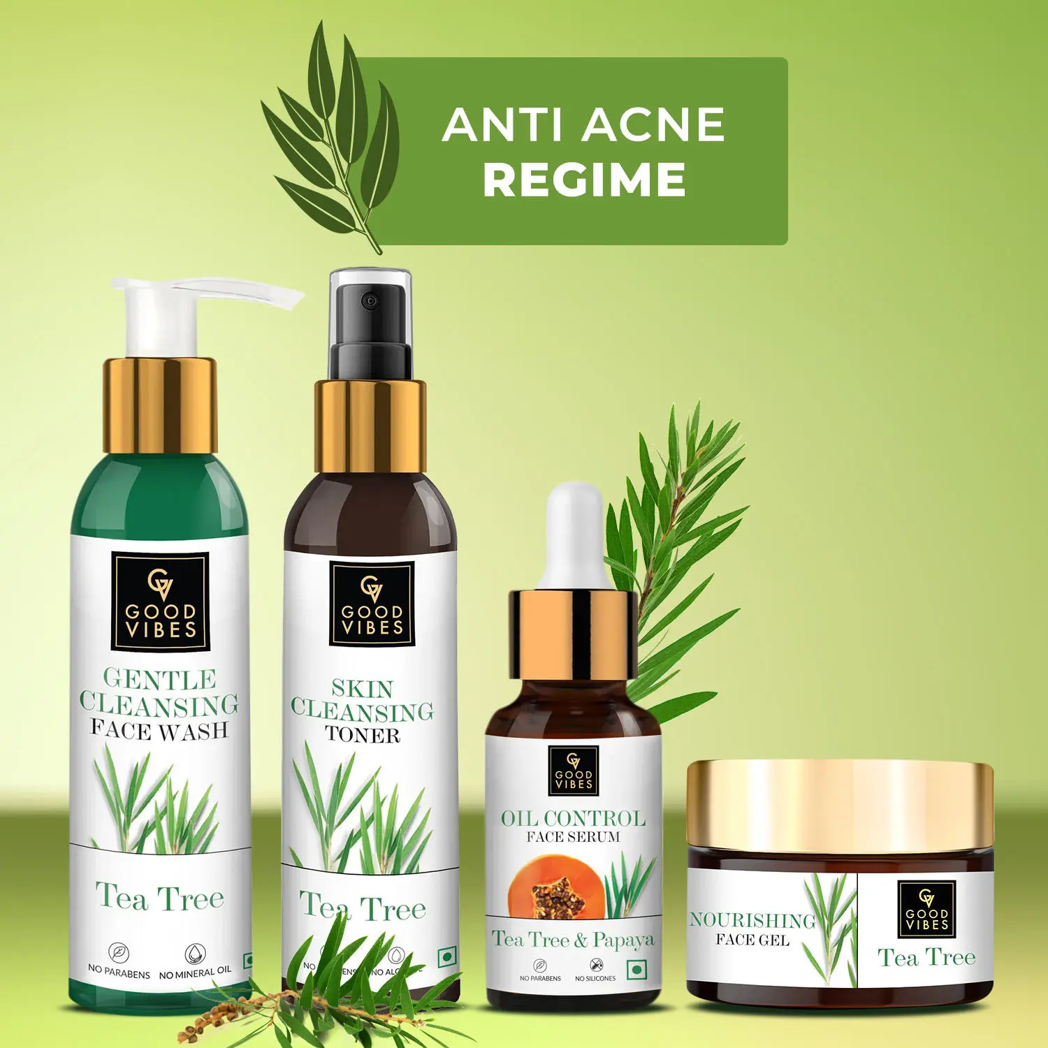 Good Vibes Anti- Acne Skin Routine With Power Of Tea Tree (Facewash 120ml + Toner 120ml + Serum 10ml + Face Gel 50g)