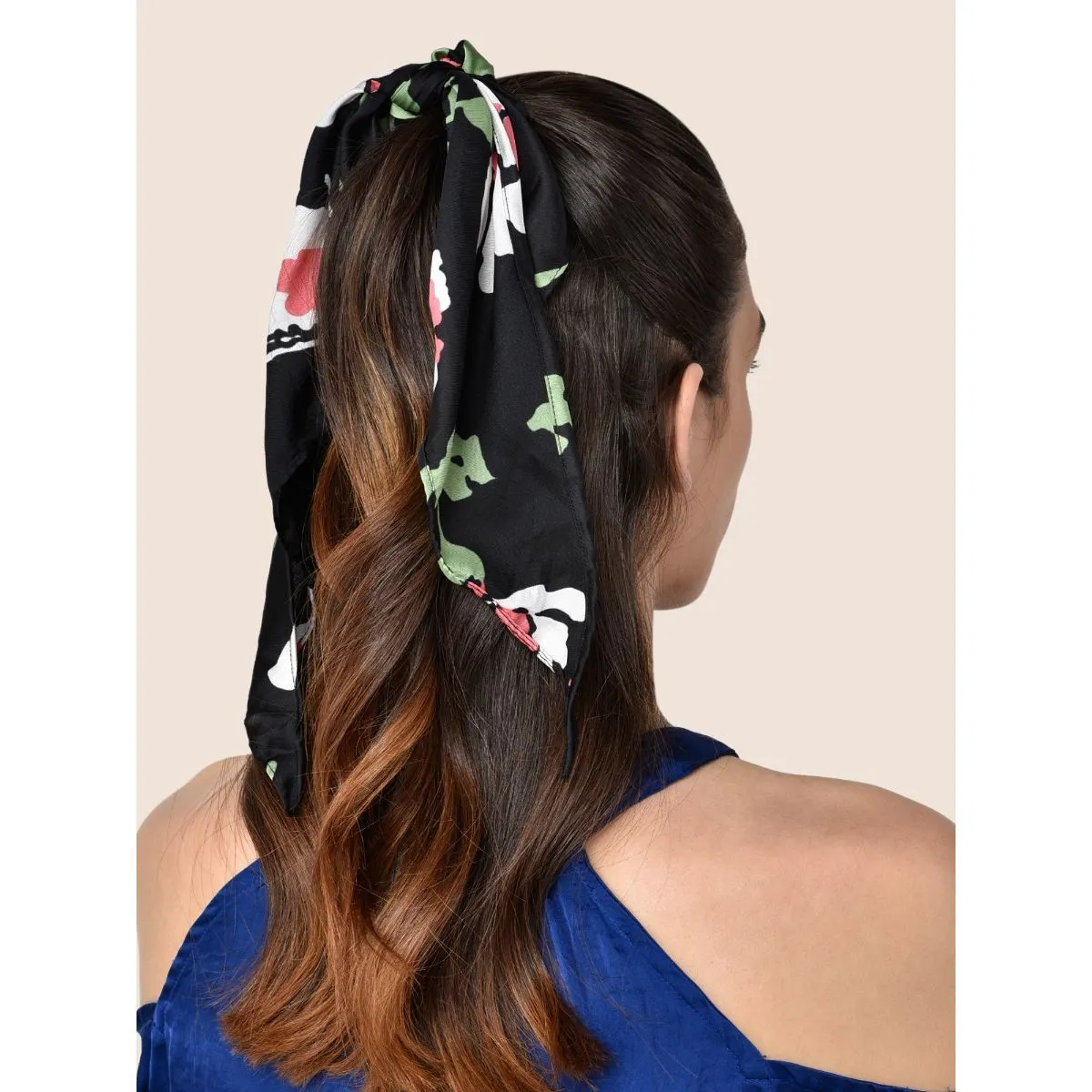 Toniq Black Satin Floral Monet Printed Scarf Scrunchie Rubber Band For Women(osxxih59 A)