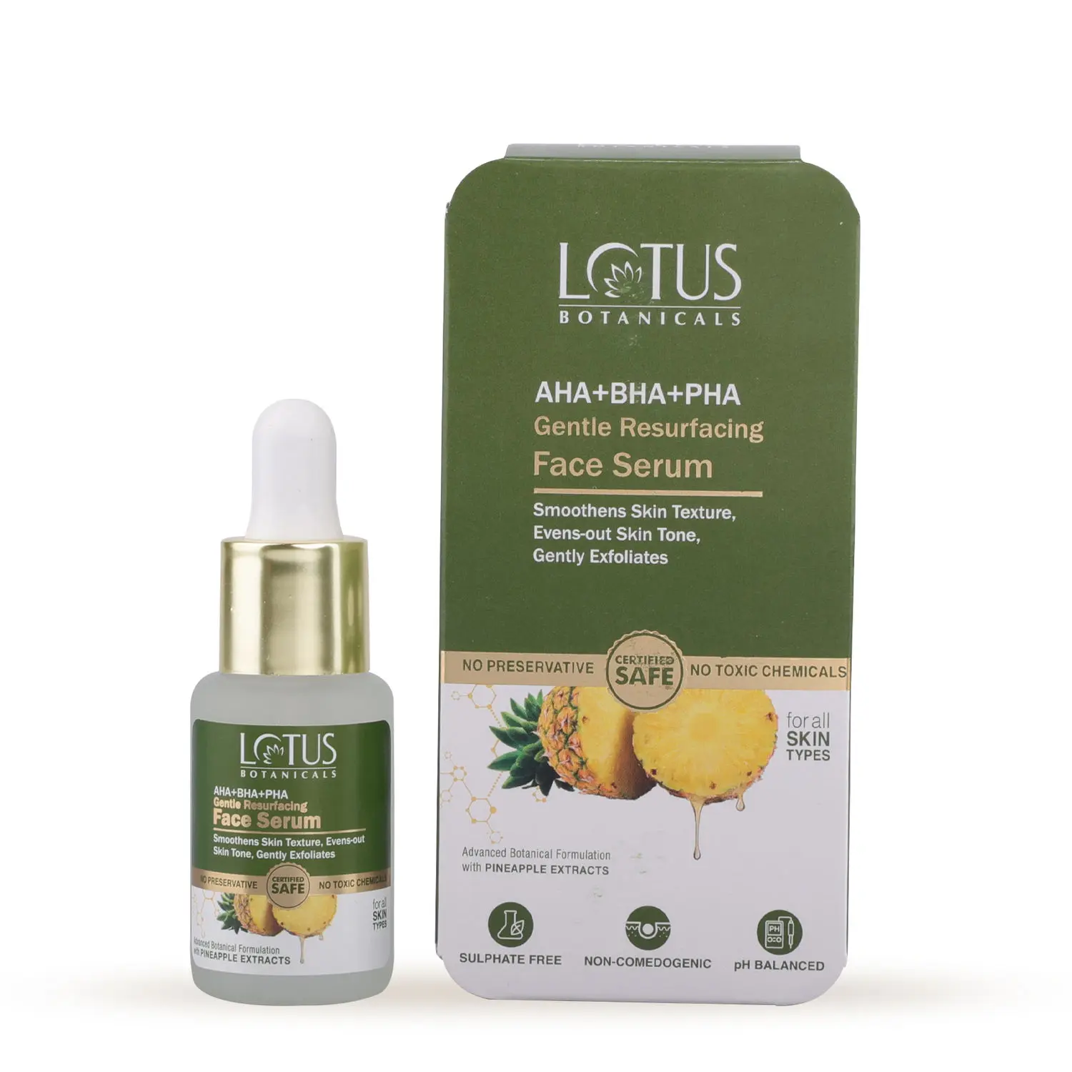 Lotus Botanicals AHA+BHA+PHA & Pineapple Gentle Resurfacing Face Serum| All Skin type|Paraben & Sulphate Free| 14ml