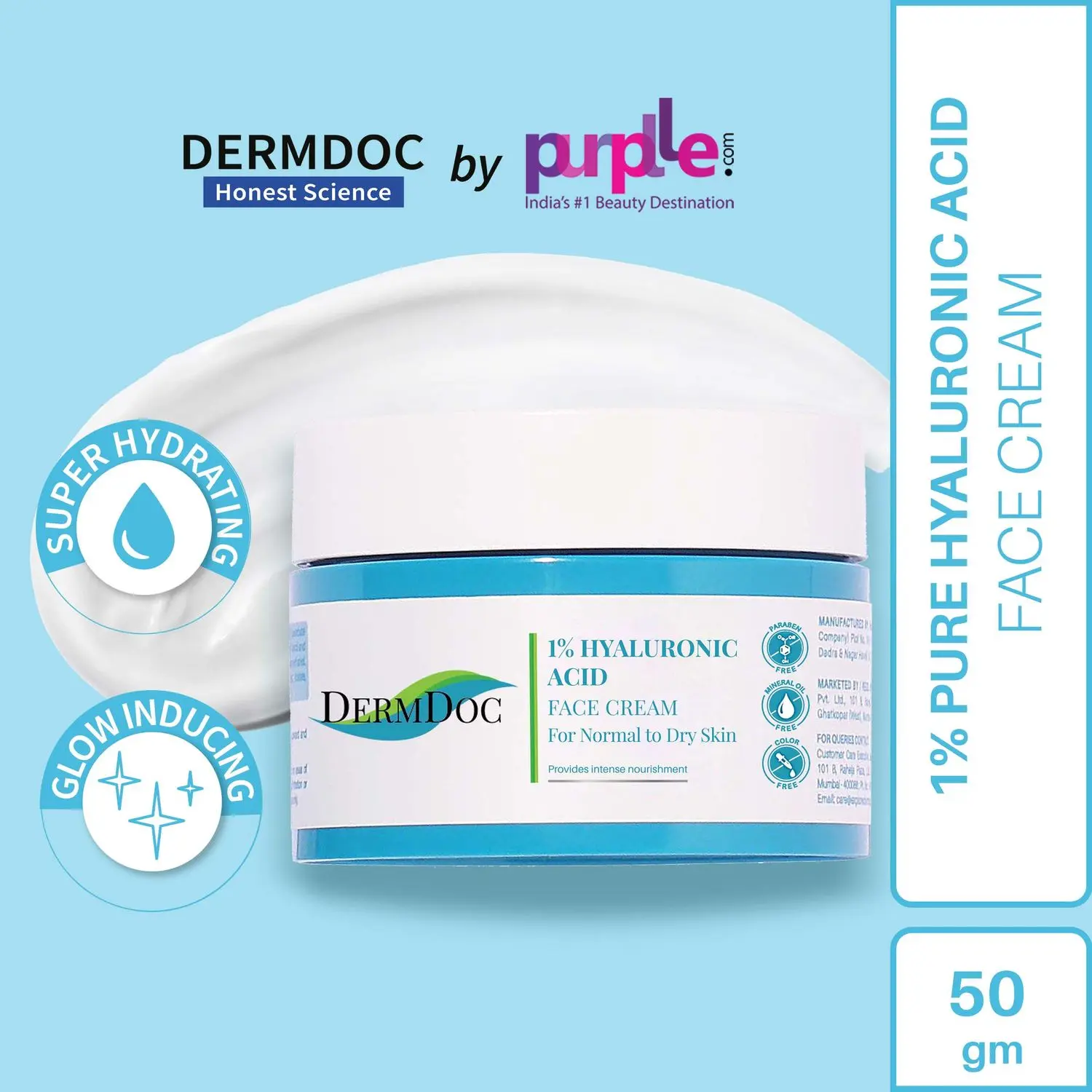 DermDoc by Purplle 1% Pure Hyaluronic Acid Moisturizing Face Cream (50g) | hyaluronic acid moisturizer | hyaluronic acid cream