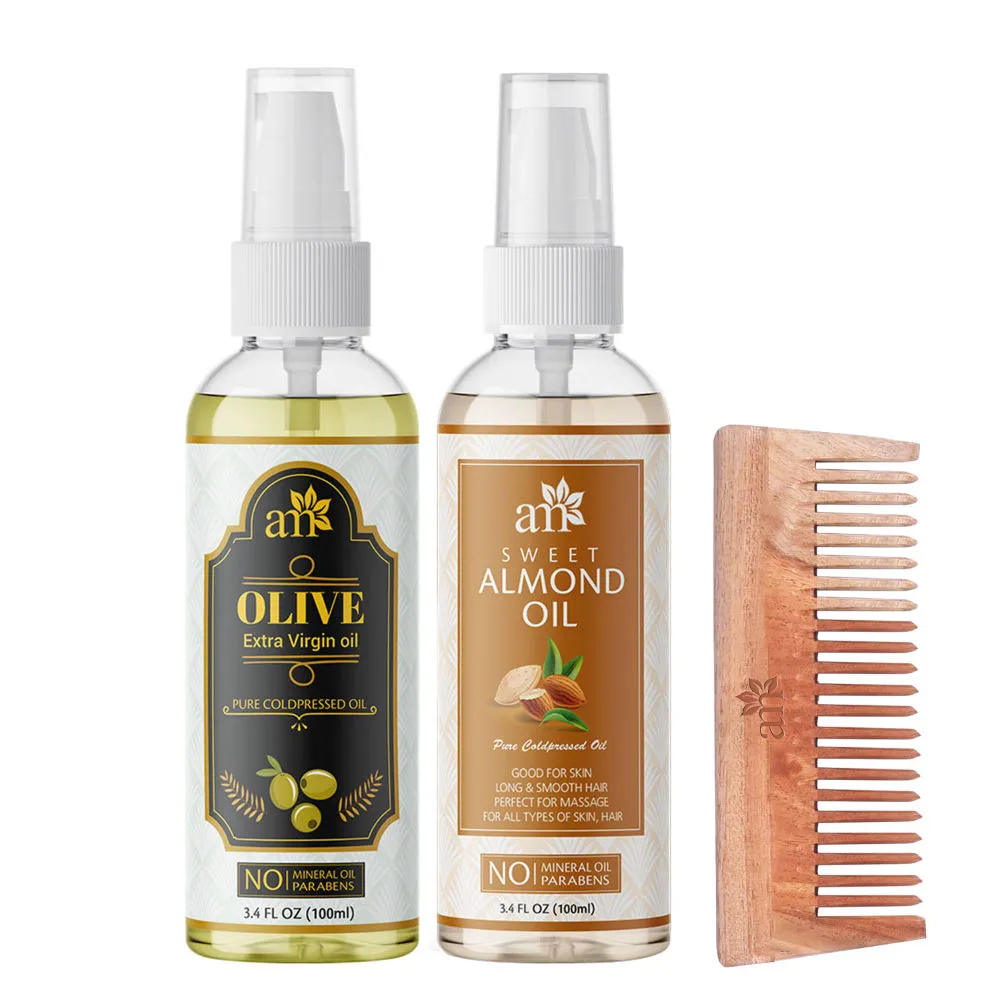 AromaMusk Organic 100% Pure Cold Pressed Olive & Sweet Almond Oil with Wide Tooth Neem Wood Comb