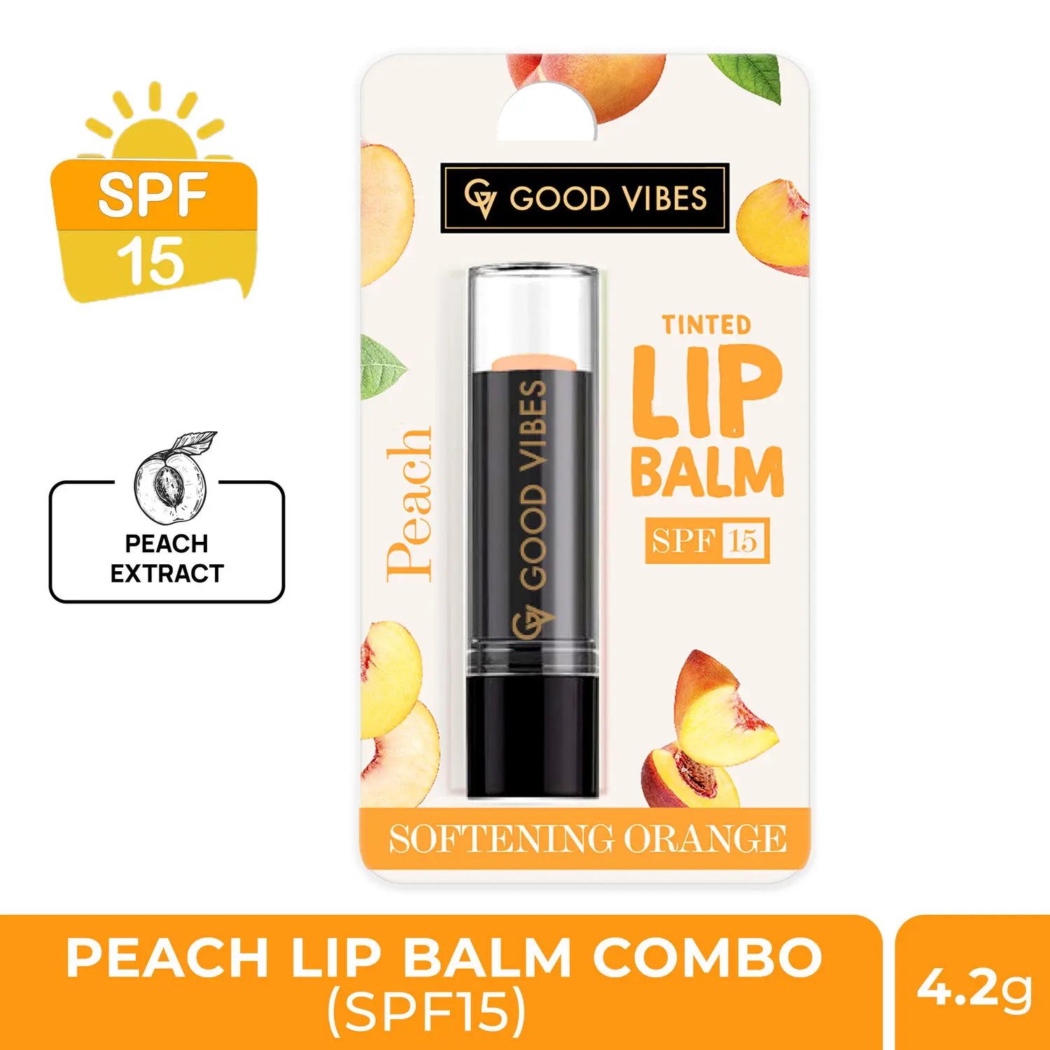 Good Vibes Peach Softening Orange Tinted Lip Balm SPF 15 | Nourishes, Repairs | Vegan, No Parabens, No Sulphates, No Mineral Oil, No Animal Testing, No Silicones (4.2 g)