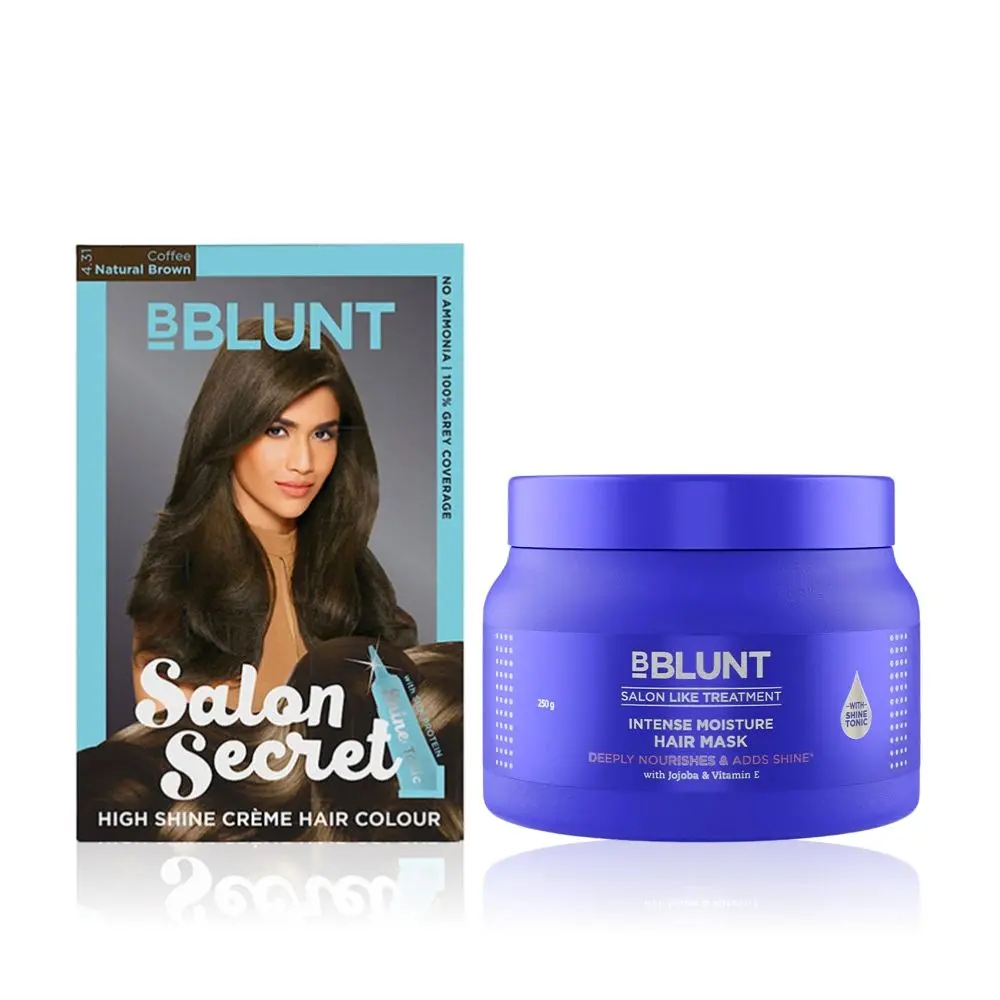 BBLUNT Salon Secret High Shine Creme Hair Colour Natural Brown 4.31 (100 g) With Shine Tonic (8 ml)+Intense Moisture Hair Mask with Jojoba Oil & Vitamin E for Nourished & Shiny Hair - 250 g