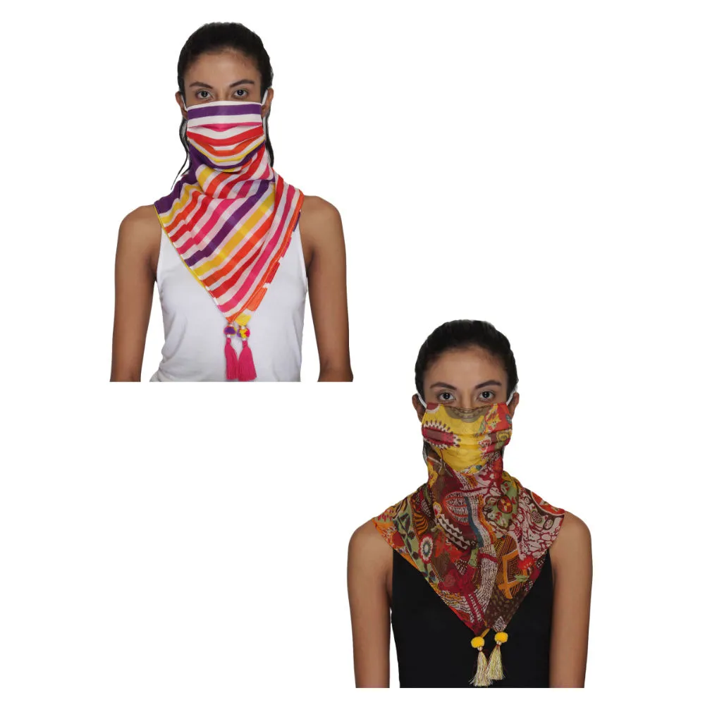 Anekaant Pack Of 2 Multicolor 3-Ply Reusable Printed Tasselled Scarf Style Fashion Mask