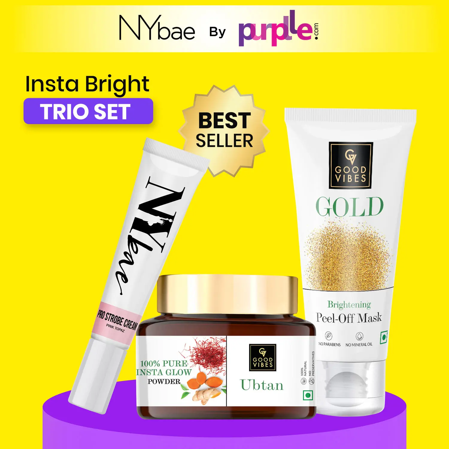 Insta-Bright Trio Set | Good Vibes Gold Brightening Peel Off Mask | Good Vibes Ubtan Glow Powder | NYbae Highlighting Strobe Cream | Glowing Skin | Korean Glow