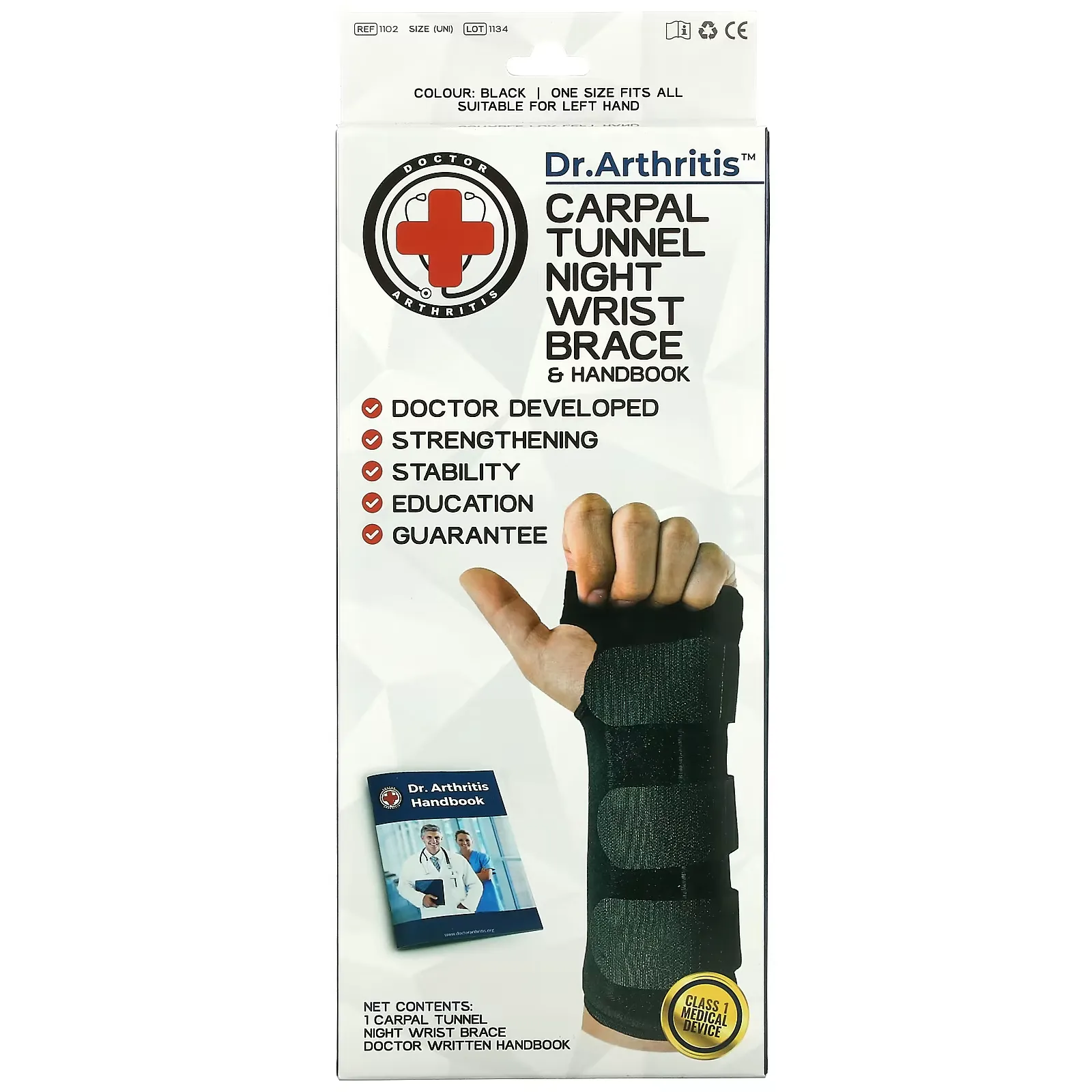 Carpal Tunnel Night Wrist Brace & Handbook, Left, Black, 1 Brace