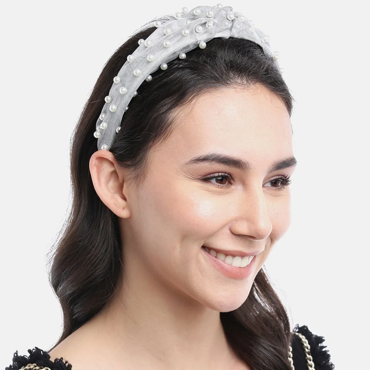 Blueberry Princess Pearl Embellished Grey Knot Hair Band