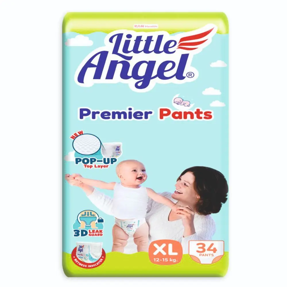 Little Angel Premier Pants Baby Diapers, Extra Large (XL) Size, 34 Count with Wetness Indicator, 12-15 Kg