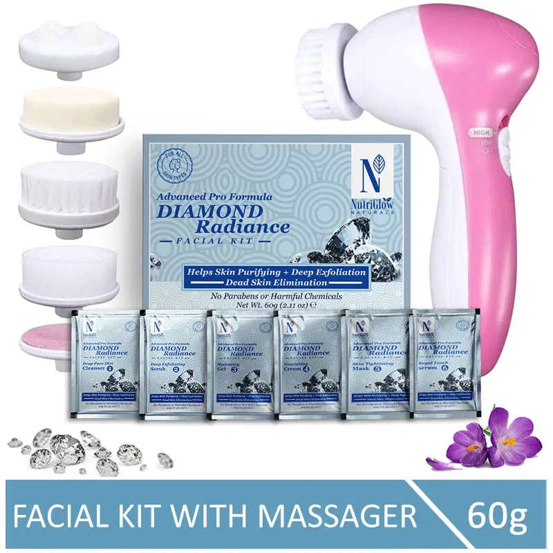 NutriGlow NATURAL'S Advanced Pro Formula Diamond Radiance Facial Kit (60 gm) with 5 in 1 Rotating Face Massager