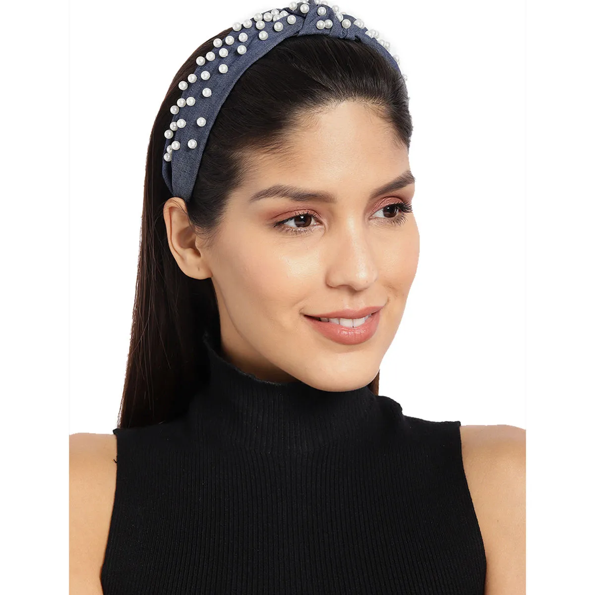 Toniq Navy Blue Pearl Beaded Top Knot Hairband For Women