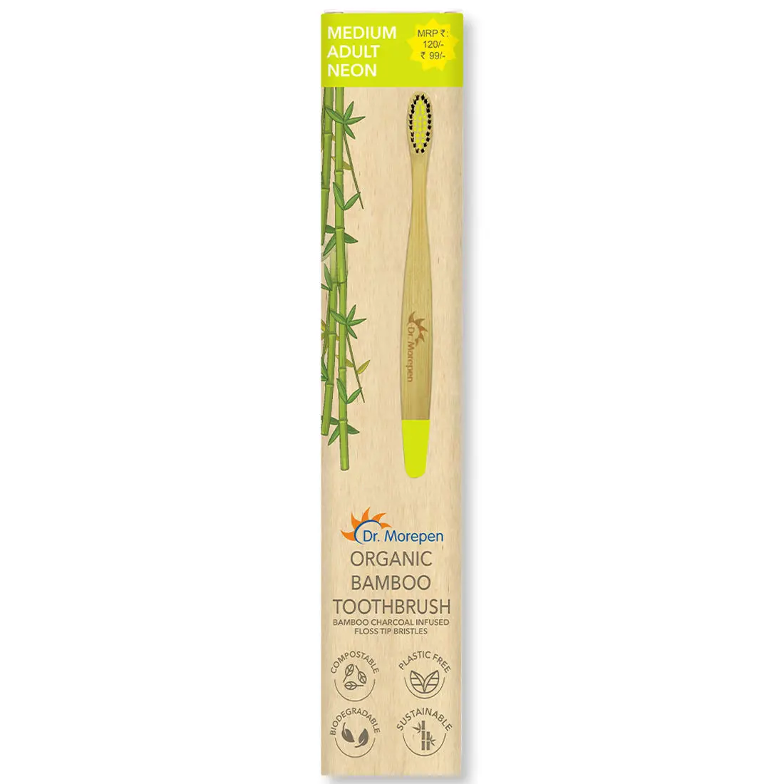 DR. MOREPEN Organic Bamboo Toothbrush For Adults - Neon