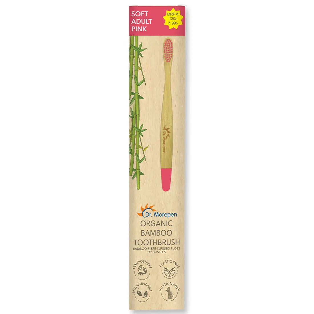DR. MOREPEN Organic Bamboo Toothbrush For Adults - Pink