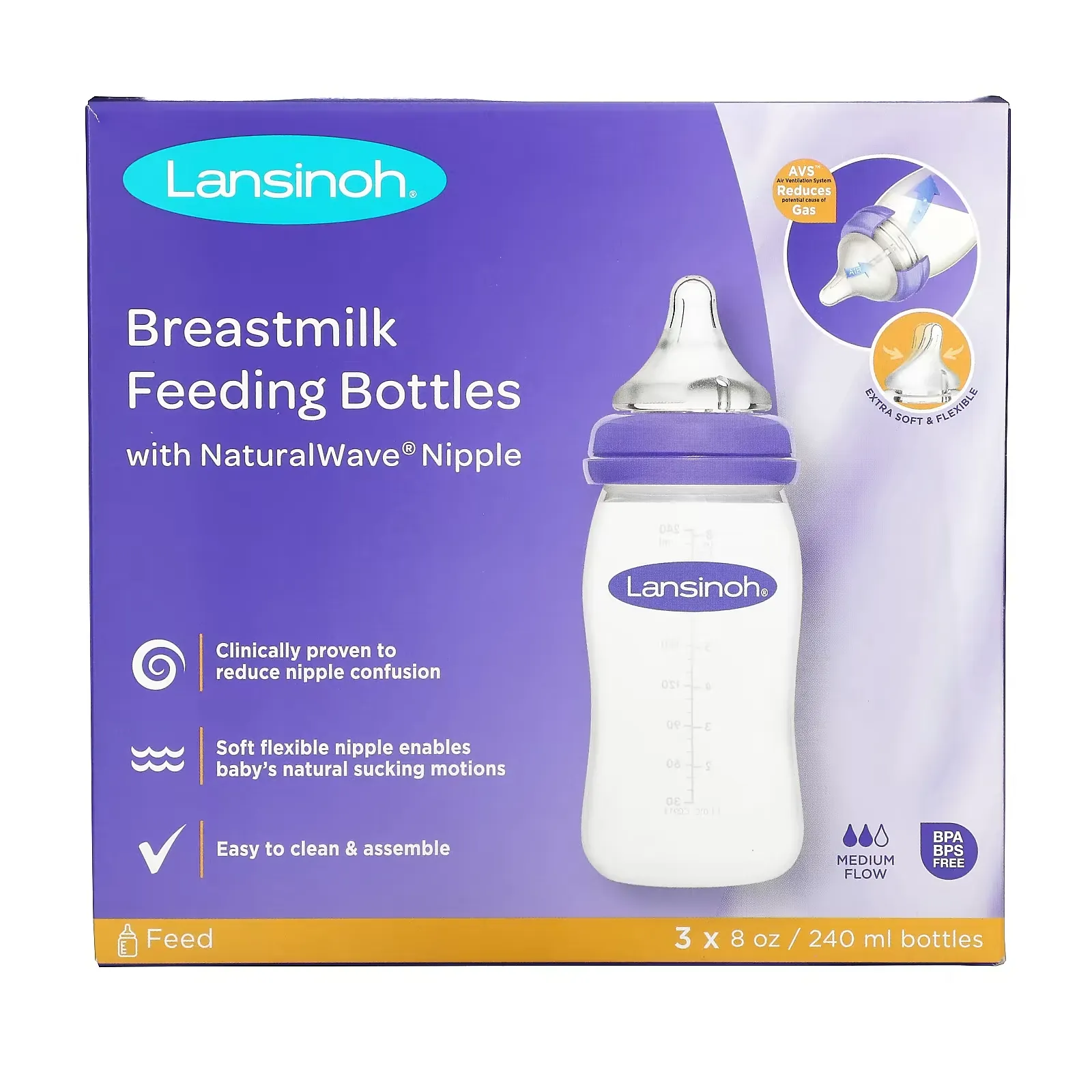 Breastmilk Feeding Bottles with NaturalWave Nipple, Medium Flow, 3 Bottles, 8 oz (240 ml) Each