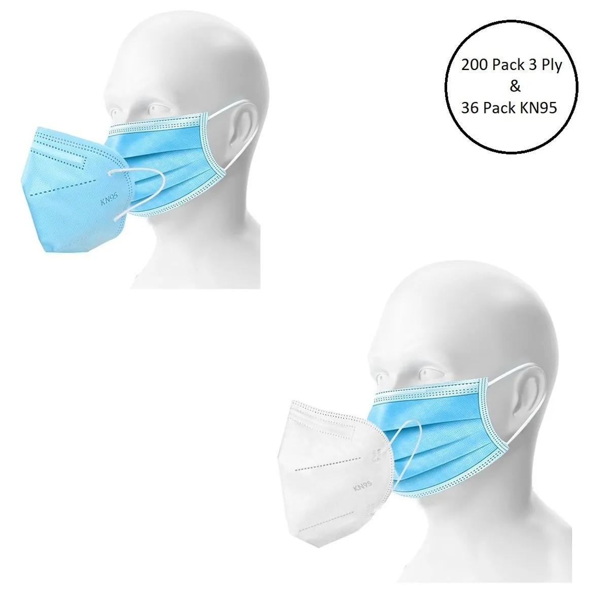 Fabula Unisex Double Mask Set Of 200 Disposable & 36 KN95 / N95 Masks (Blue, White )