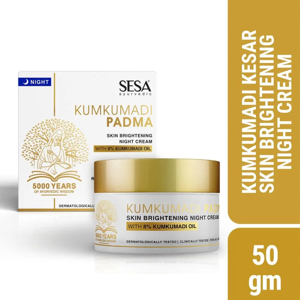 SESA 8% Kumkumadi Padma Skin Brightening Night Cream I 50g I Reduces fine lines & wrinkles I Promotes Skin Rejuvenation & Skin Repair I Anti -Ageing I Even Skin Tone I Ayurvedic Night Treatment I Light weight Cream