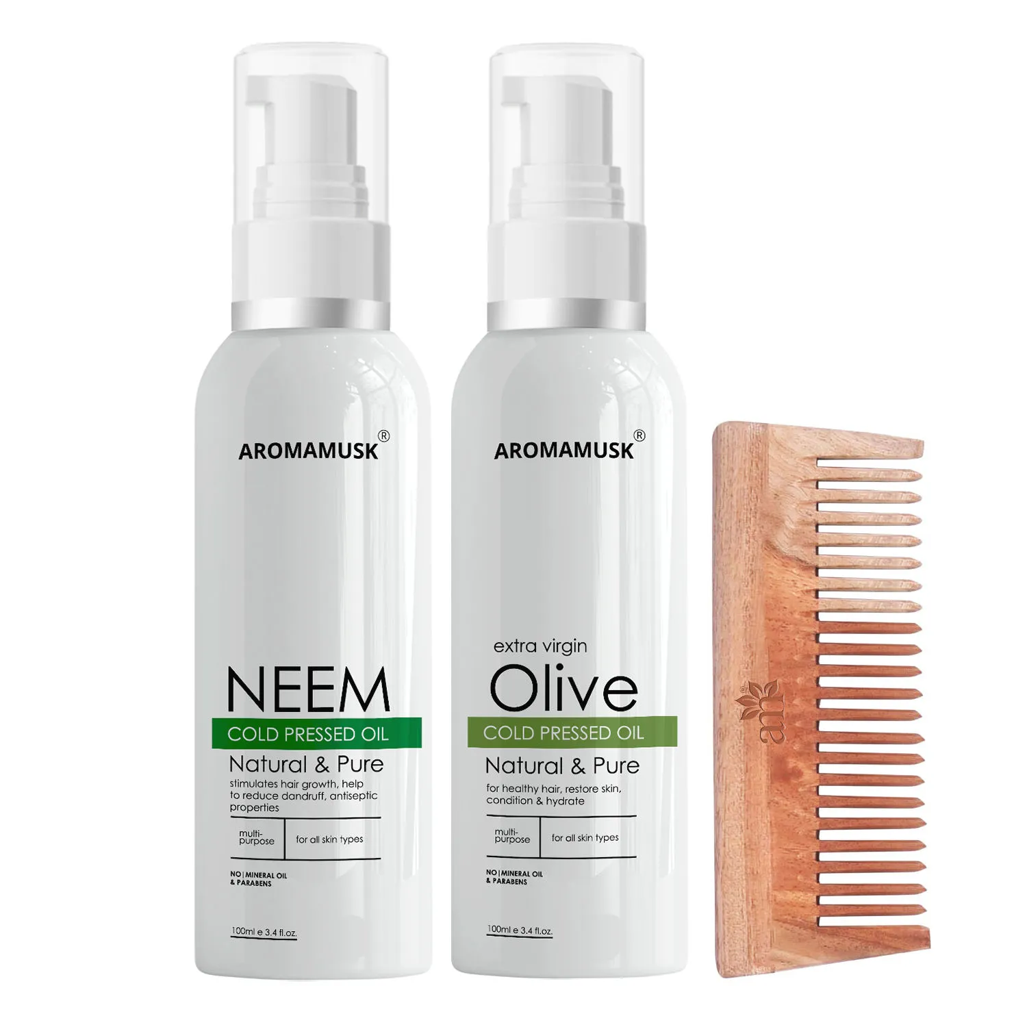 AromaMusk Organic 100% Pure Cold Pressed Neem & Olive Oil with Wide Tooth Neem Wood Comb