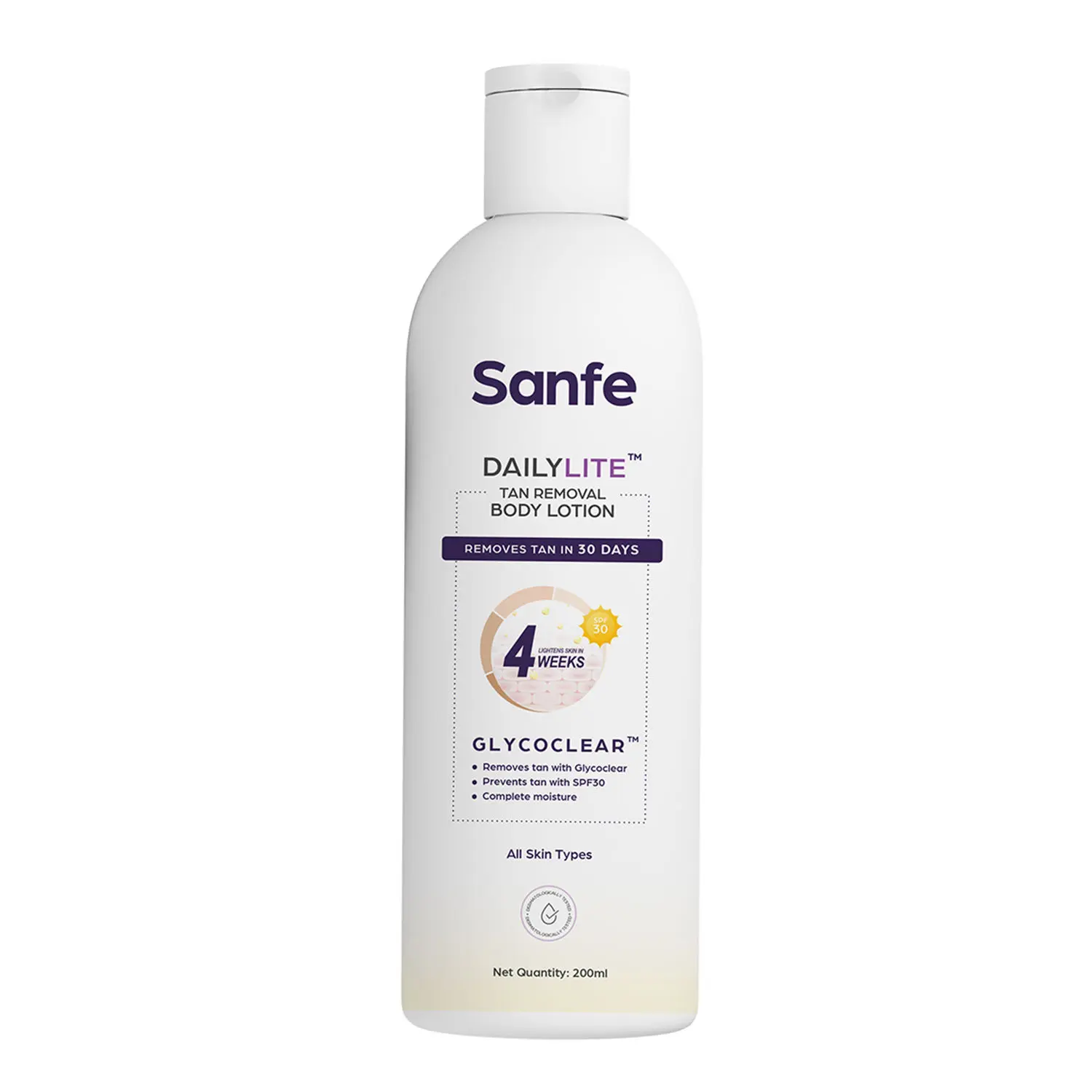 Sanfe DailyLite Body Lotion | Glycopeel Technology & SPF 30 | Removes & Prevents Tanning | Non-Greasy Body Lotion