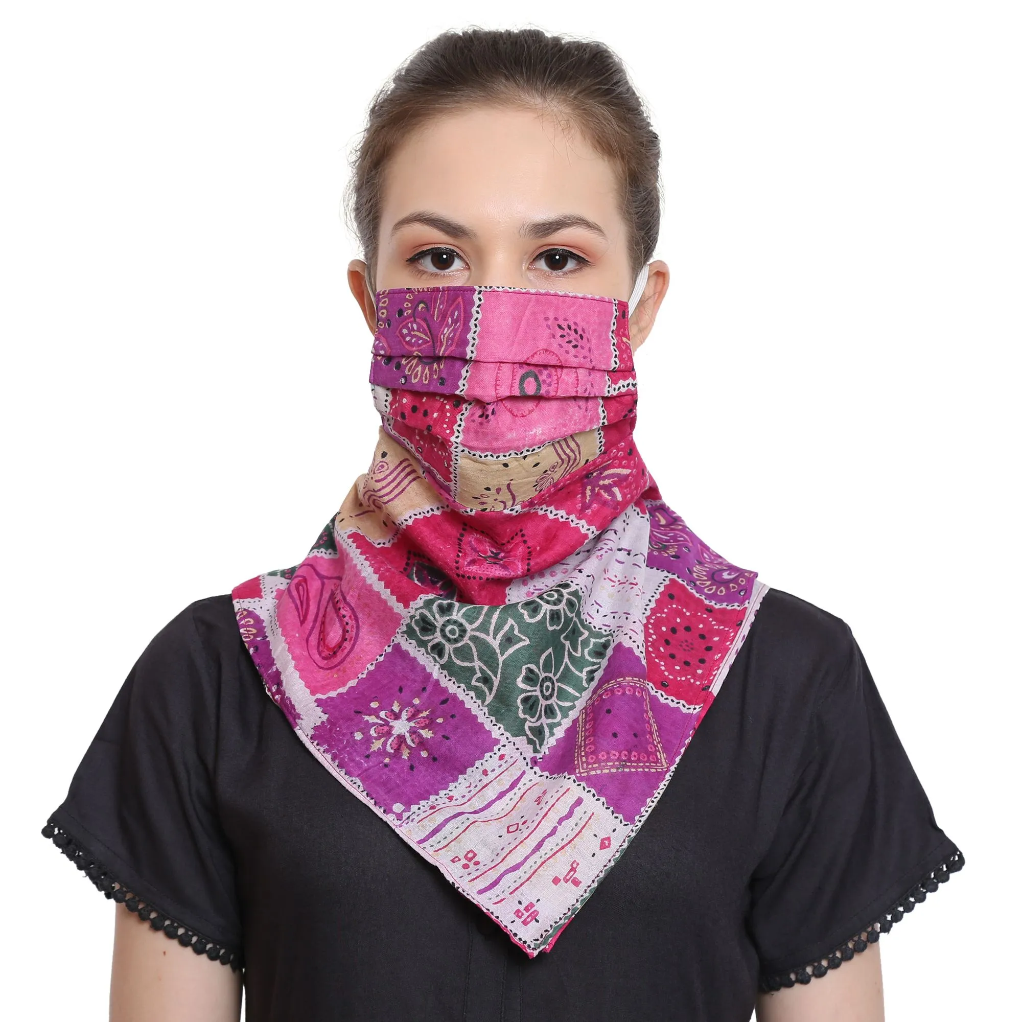 Anekaant 3-Ply Reusable Pink & Multi Cotton Scarf Style Fashion Mask