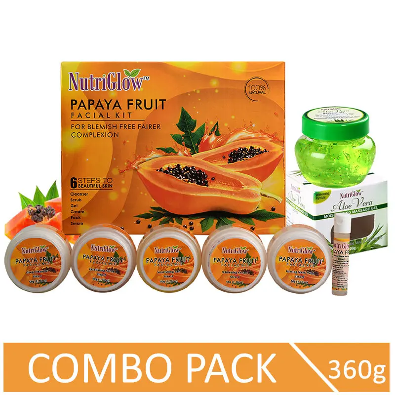 NutriGlow Papaya Fruit Facial Kit (260 gm) & Aloe Vera Moisturizing Massage Gel (100 gm) For Blemish Free Fairer Complexion