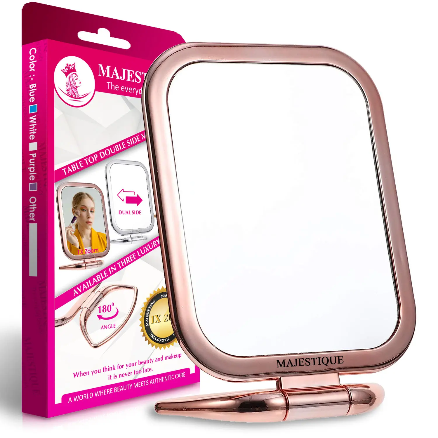 Majestique Table Top Double Side Makeup Mirror, 1X/20X Square Magnifying Mirror, 180 Degree Stand - Multicolor