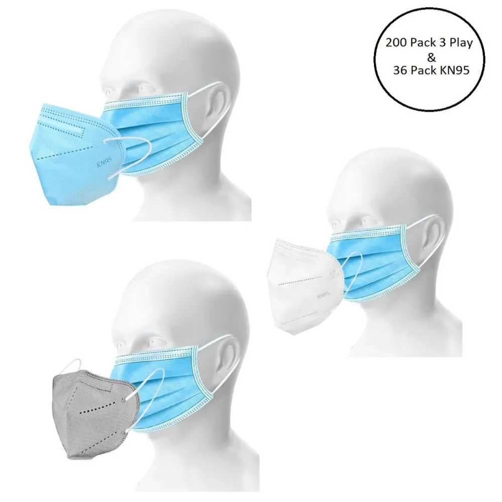 Fabula Unisex Double Mask Set Of 200 Disposable & 36 KN95 / N95 Masks (Blue, Grey, White )