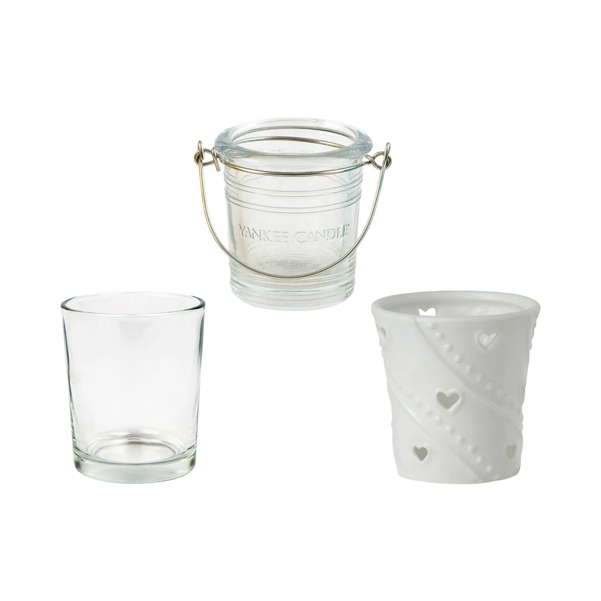 Yankee Candle Votive Holder - Pack of 3 - Clear, Clear Bucket Tea Light and White Hearts