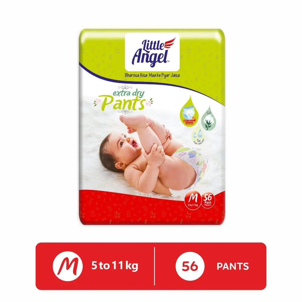 Little Angel Extra Dry Baby Pants Diaper, Medium (M) Size, 56 Count, Super Absorbent Core Up to 12 Hrs. Protection, Soft Elastic Waist Grip & Wetness Indicator, Pack of 1, 56 count/pack, Upto 5-11kg