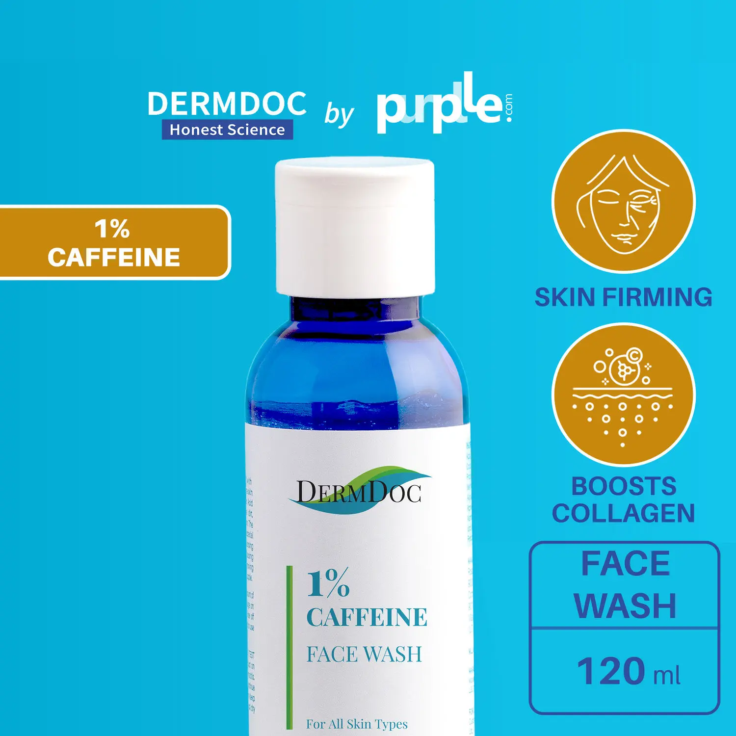 DERMDOC by Purplle 1% Caffeine Face Wash (120 ml) | anti aging face wash | non-drying face wash | caffeine for face | dull, tired skin | boosts collagen