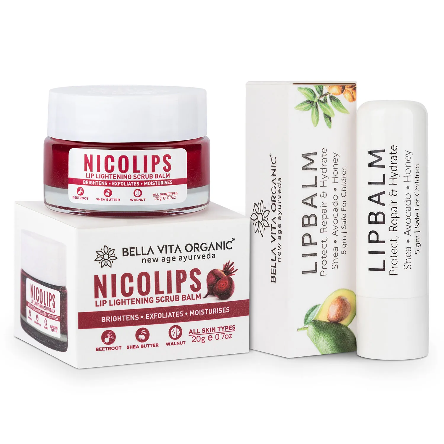 Bella Vita Organic Nicolips Lip Scrub & Nicobalm Lip Balm Combo For Dry, Chapped & Dark Lips