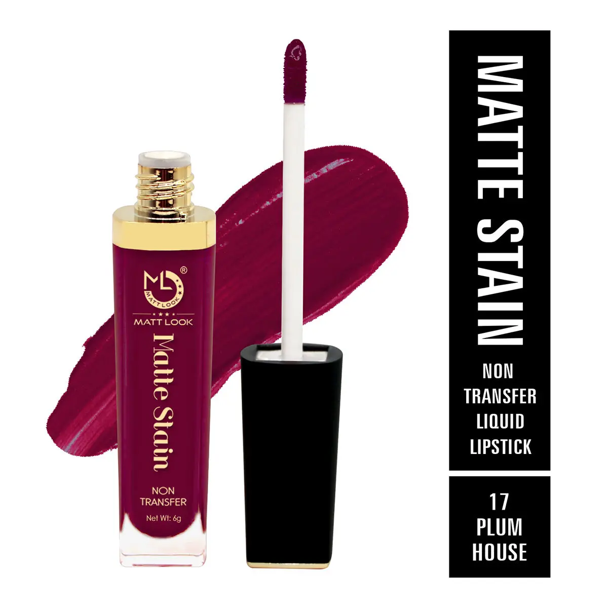 Mattlook Lip Gloss Creamy Matte Stain Lipstick, Non Transfer, Highly Pigmented Colour, Long Lasting, Waterproof, Liquid Lipstick, Plum House (6gm)