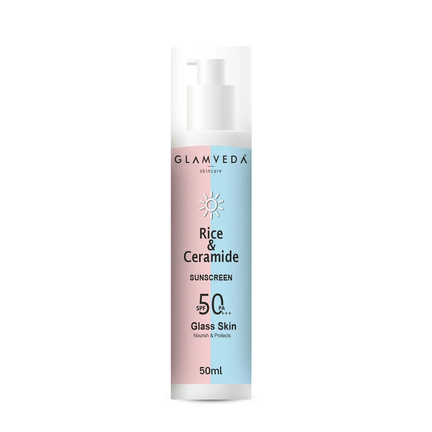 Glamveda Glass Skin Rice & ceramide Dewy Sunscreen SPF 50 PA+++ Broad Spectrum Blue Light Filter No White Cast Non Comedogenic Water & Sweat Proof (50 ml)