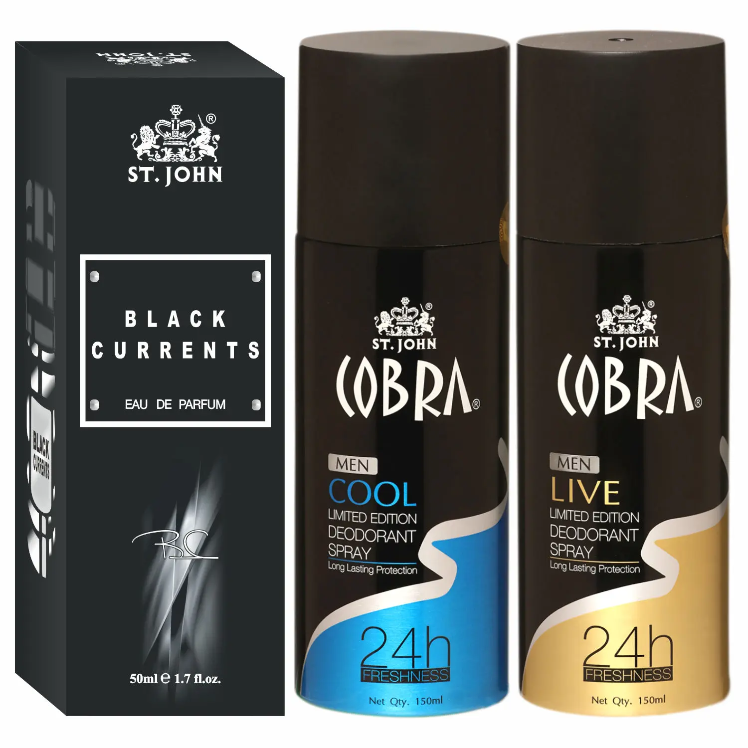 ST-JOHN Cobra Deodrant Cool & Live 150 ml each & Black Current 50ml Perfume Combo Pack Perfume Body Spray - For Men & Women (350 ml, Pack of 3)