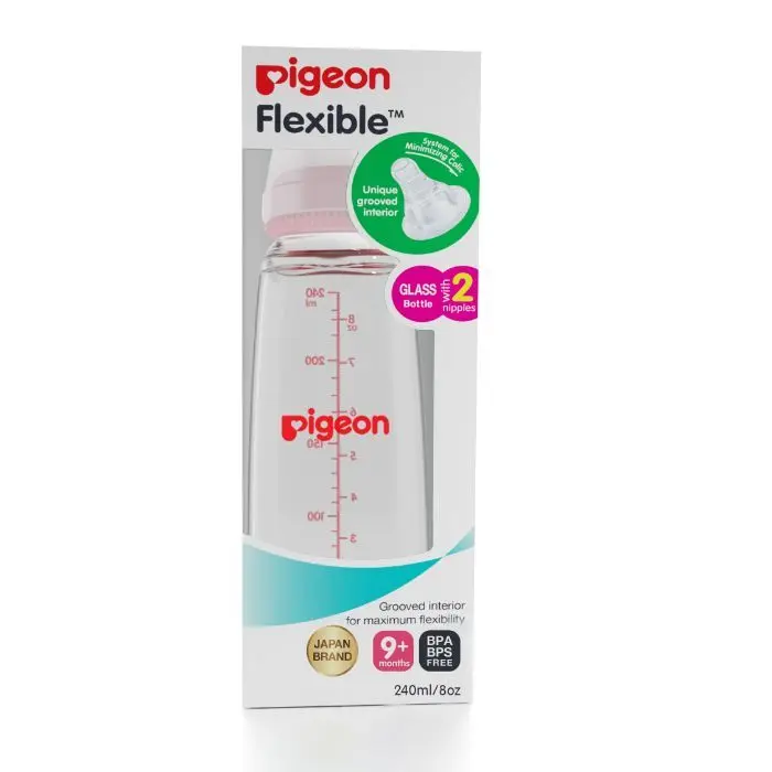 Pigeon Glass Feeding Bottle (240 ml) Pink With Add Nipple L