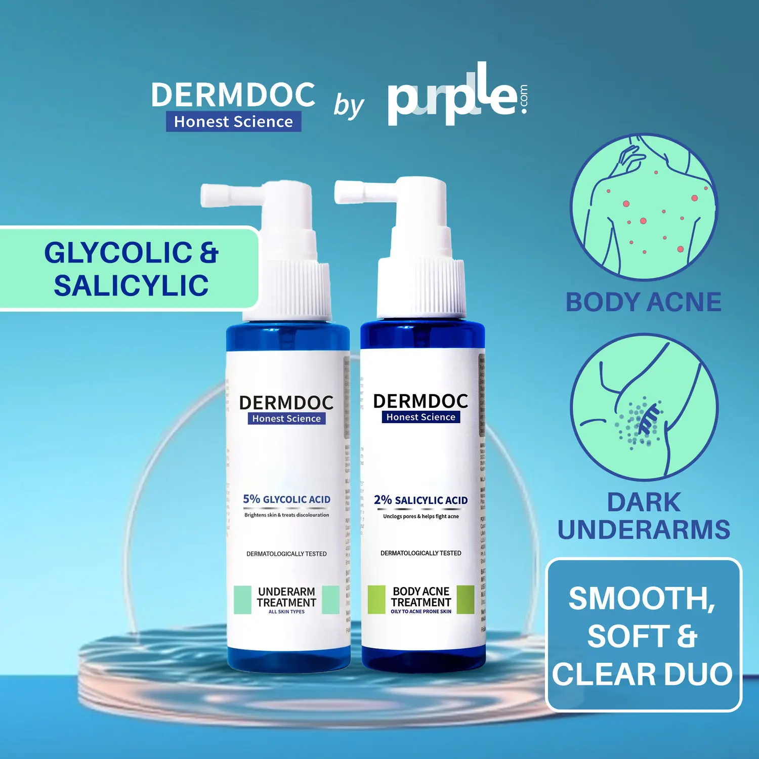 DERMDOC Smooth & Clear Combo | glycolic acid underarm spray | salicylic acid body acne spray | body & back acne treatment, dark underarms, dark patches