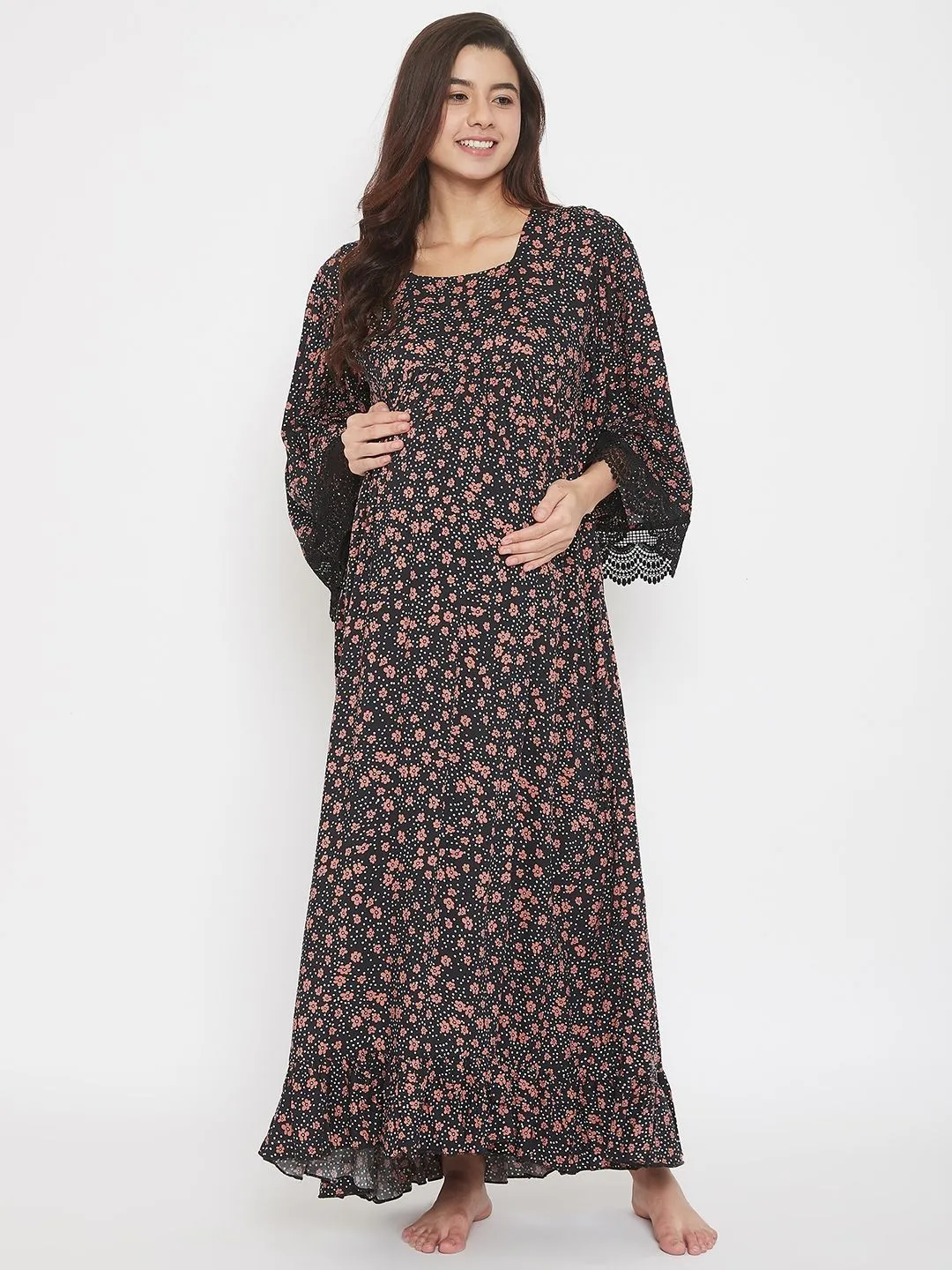 The Kaftan Company Ditsy Floral Maternity And Nursing Nightdress - Black (3XL)