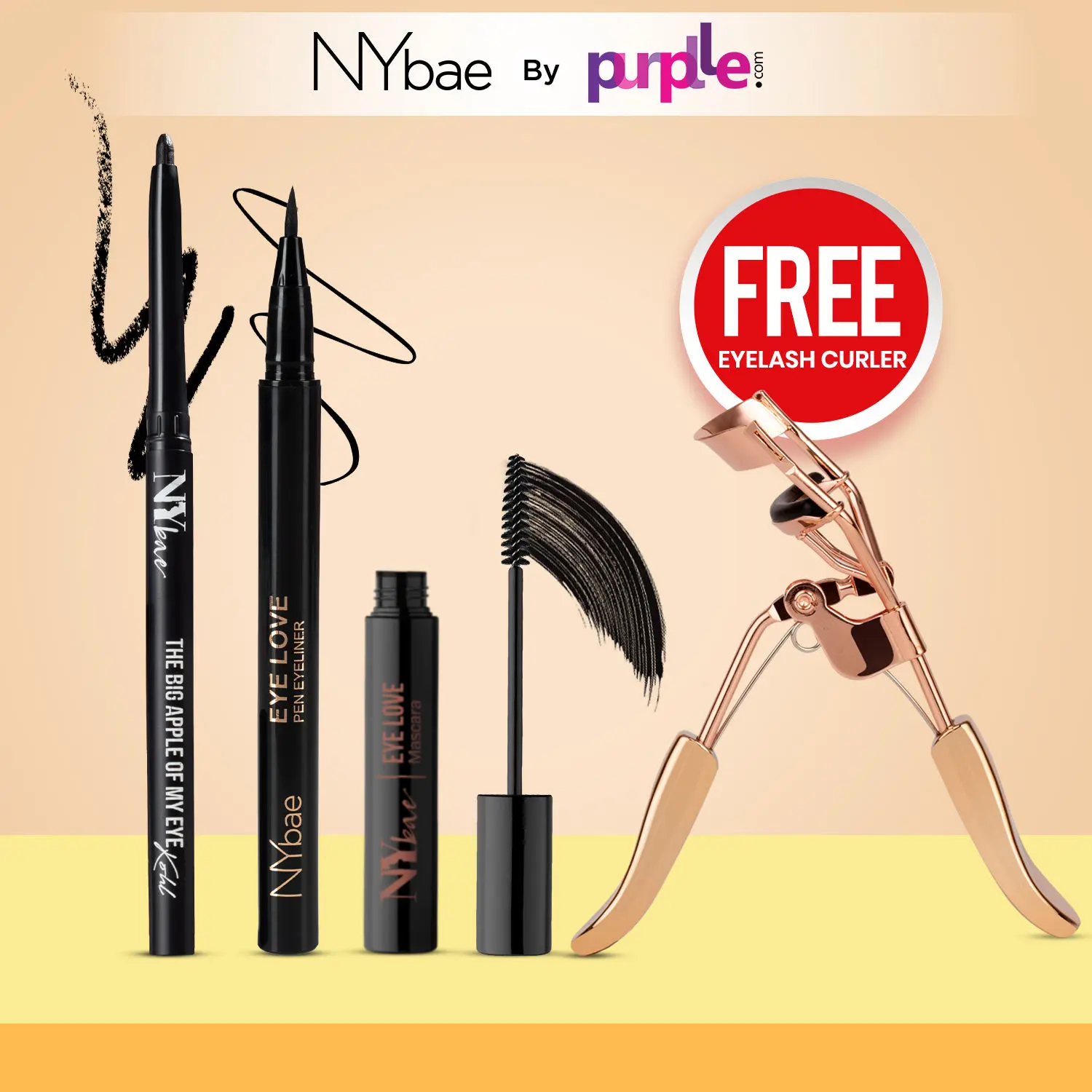 NY Bae Eye Kit | Kajal | Pen Eyeliner | Mascara | Free Eyelash Curler | Intense Black | Smudge Proof | Everyday Use | Pack of 4 | Makeup Kit