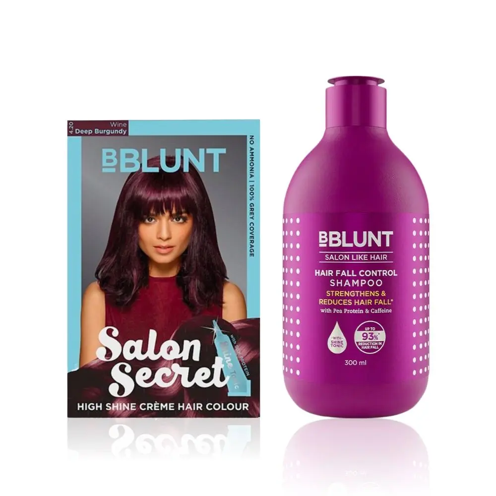 BBLUNT Salon Secret High Shine Creme Hair Colour Deep Burgundy 4.20 (100 g) With Shine Tonic (8 ml)+BBLUNT Hair Fall Control Shampoo with Pea Protein & Caffeine for Stronger Hair (300 ml)