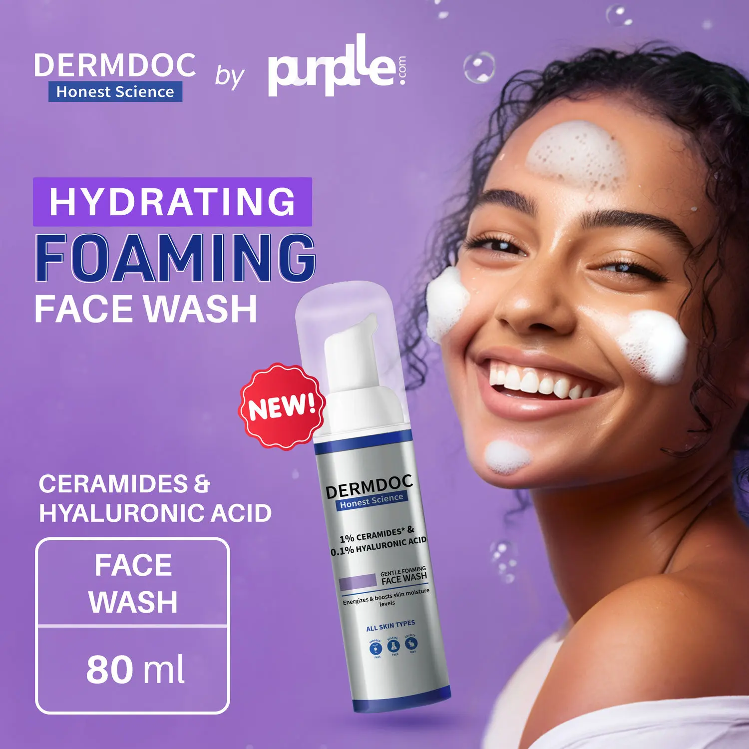 DERMDOC by Purplle 1% Ceramides * & 0.1% Hyaluronic Acid Gentle Foaming Face Wash (80 ml) | face wash for dry skin | hydrating face wash | foaming cleanser