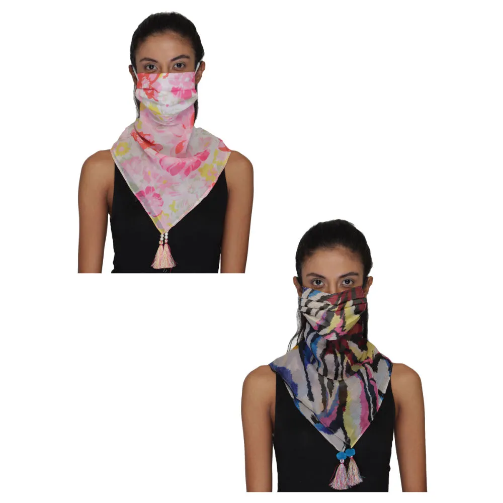 Anekaant Pack Of 2 Multicolor 3-Ply Reusable Poly Chiffon Printed Tesselled Scarf Style Fashion Mask