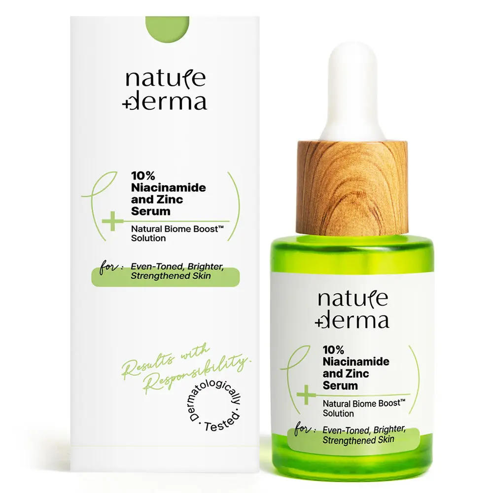 Nature Derma 10% Niacinamide & Zinc Serum with Natural Biome-Boost™ Solution For Acne Prone Skin | Bright & Strenghtened Skin | 30ml | Dermatologically Tested