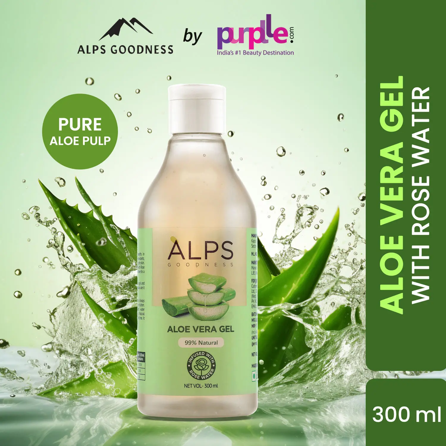 Alps Goodness Aloe Vera Gel infused with Rose Water 300 ml I Natural Moisturizer I For Soft Skin I Soothing & Refreshing I For All Skin & Hair Types I Leave-In Conditioner