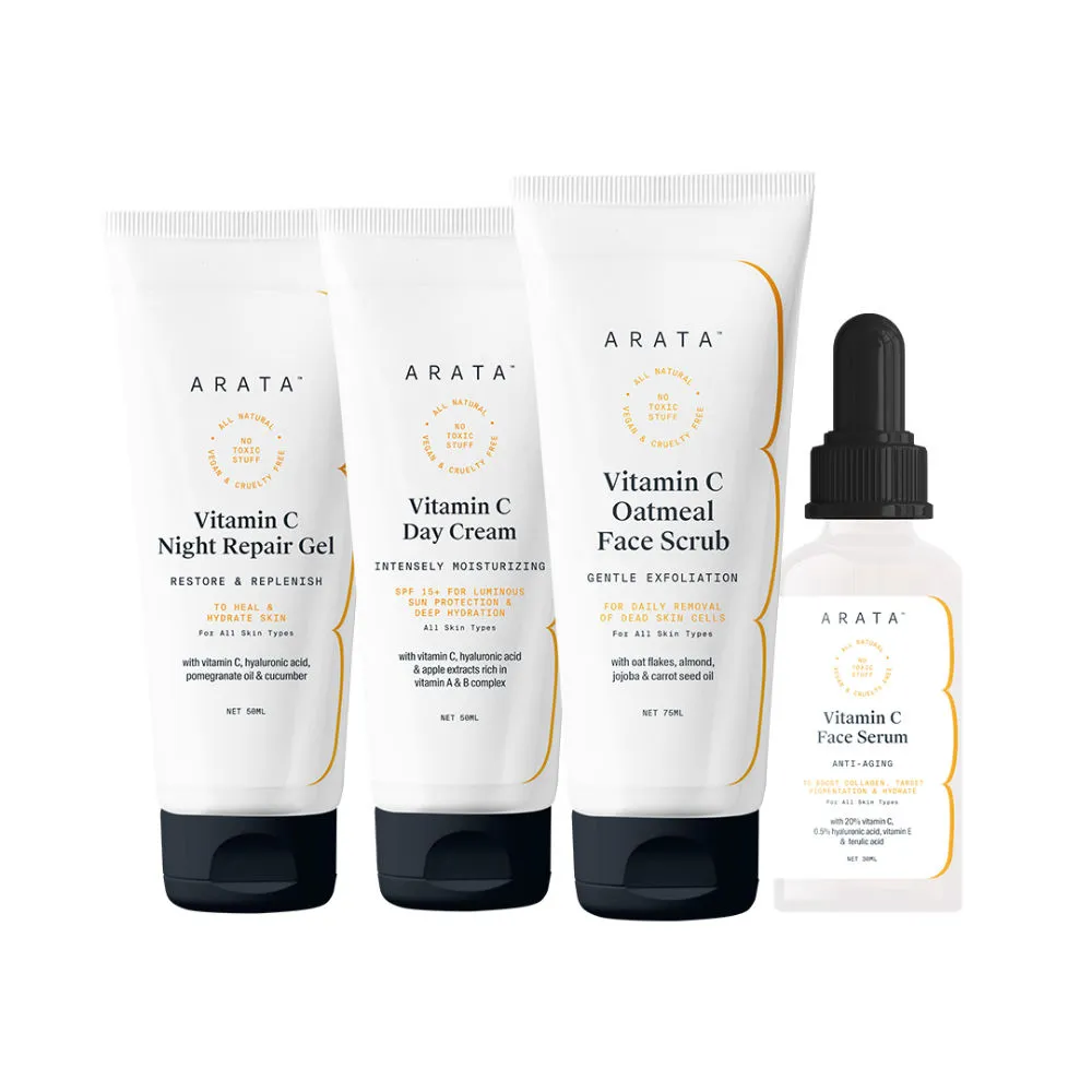 Arata Vitamin C Overnight Face Care Regime Oatmeal Scrub Serum Day Cream & Night Repair Gel